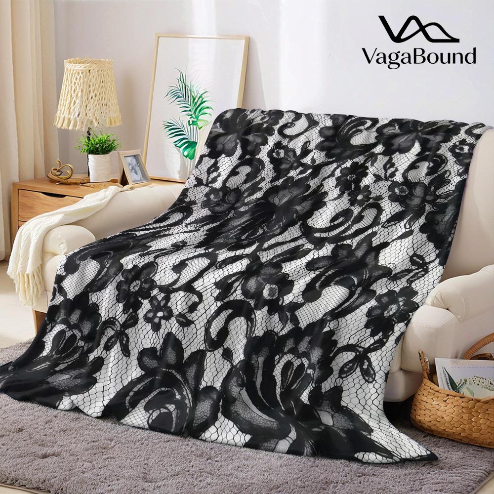 Black Lace Floral Flannel Blanket Warm Soft Halloween Christmas Couch Warm Cozy Decorative Decor Gift For All Season