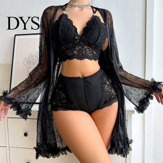 See Through Sleepwear Sexy Mesh Set, Women Lace Kimono Robe with Sheer Bra & Panty, Three Piece Nightgown for Ladies Nightwear