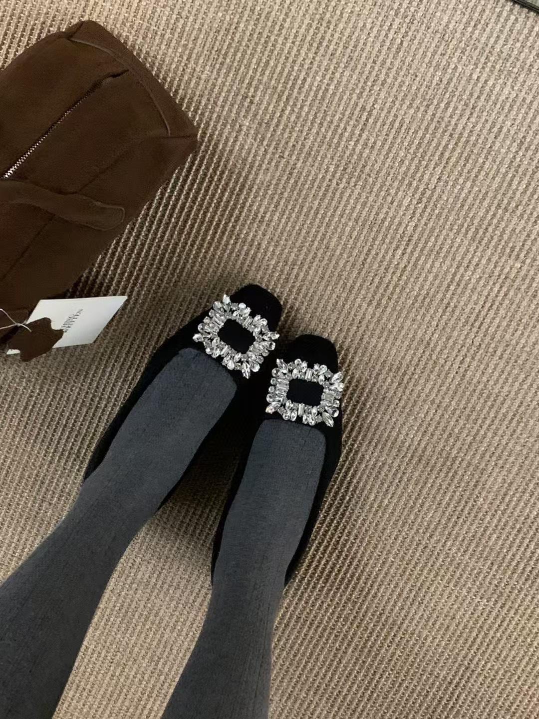 

Французские черные туфли на высоком каблуке с квадратным носком и стразами, одинарные туфли, женская обувь 2025, новая осенне-зимняя верхняя одежда, плюшевая обувь 39