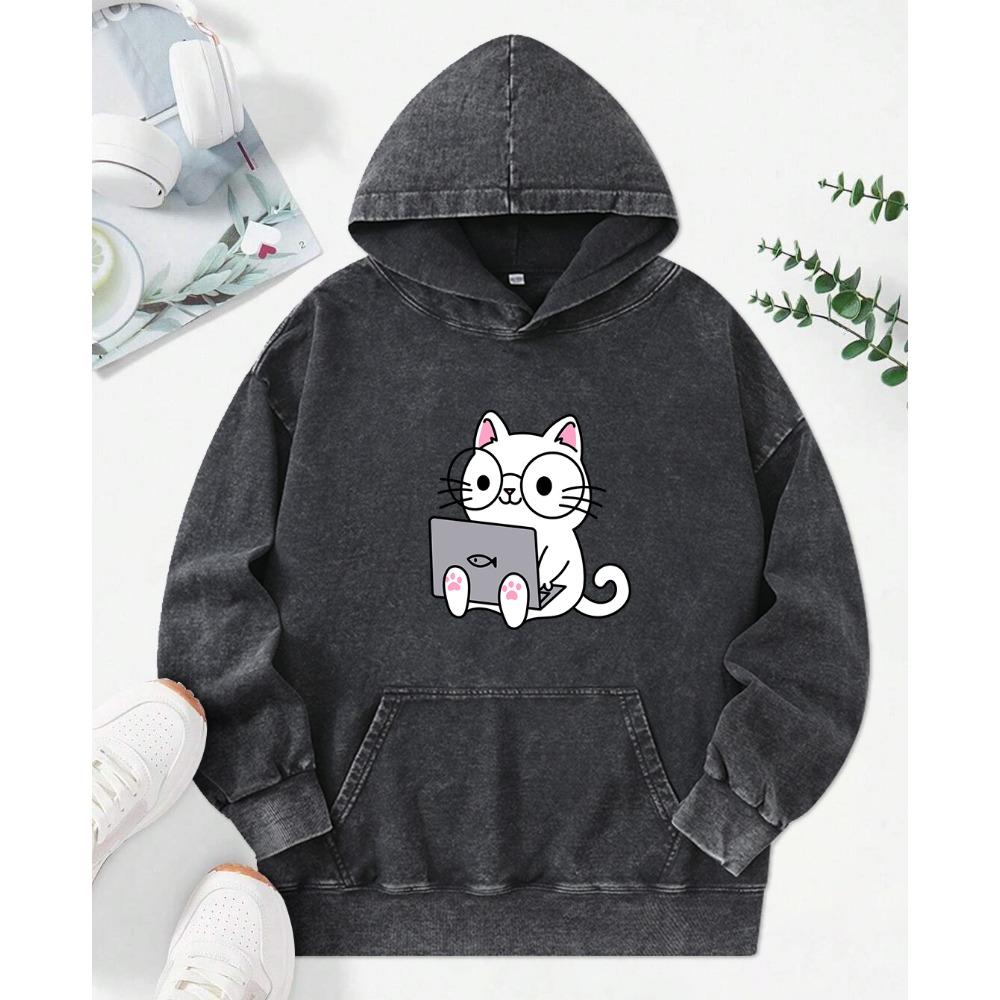 Abstract Cat Work Printed Womens Washed Hoodie Vintage Loose Streetwear Hip Hop Pocket Clothes Hoody