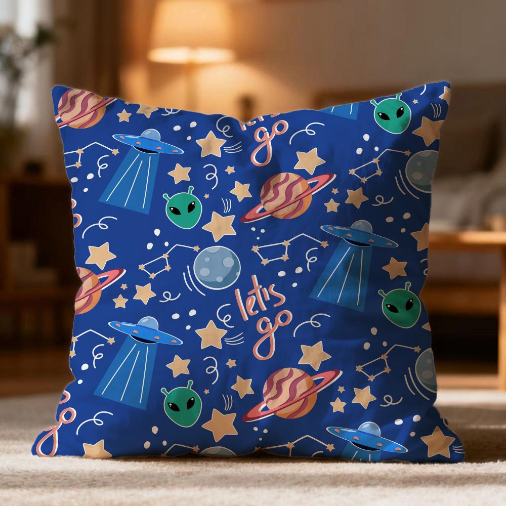 Fashion O-Oouter Space Cartooned Cushion Cover Soft Washable Pillow Case Multi-Scene for Couch Bed Travel Office Use