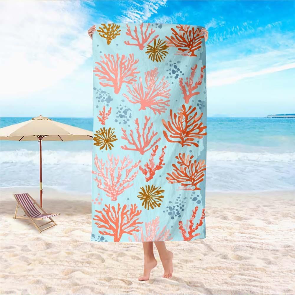 1PC Coral & Exotic Ocean Print Beach Bath Towel, Ideal for Pool, Yoga, Picnic and Camping