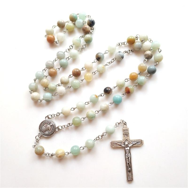 Natural Stone Beads Rosary Necklace Crucifix Cross Pendant Chain Catholic Religious Jewelry for Women Meditatin Gift