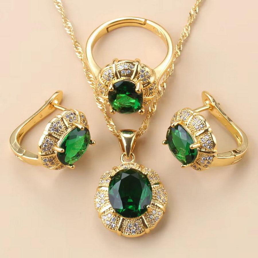 18K Vergoldetes Grünes Zirkon Schmuckset für Damen - 3 Teile Ring Ohrringe Anhänger Halskette Braut Hochzeit Party Luxus Schmuck