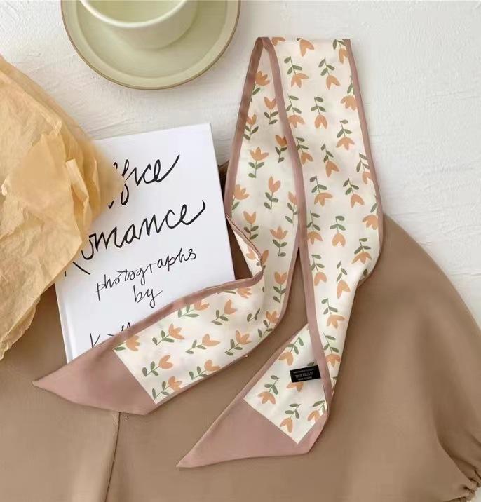 Fashion Printing Silk Hair Scarf for Women Chiffon Long Ribbon Ponytail Ties Headbands