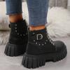 Punk Metal Belt Buckle Lace Up Boots Women 2025 Winter Thick Bottom Medium Heel Ankle Boots Solid Pu Shoes Size 42