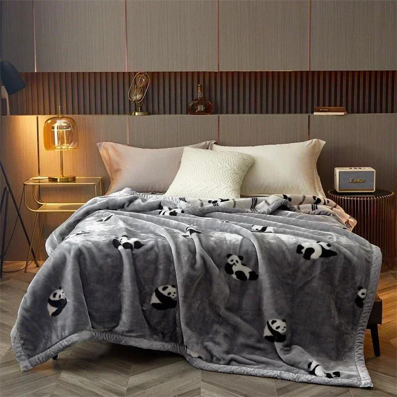 Double Sided Printed Autumn Winter Blankets for Bed Soft Warm Encrypted Flocking Raschel Blanket Skin Friendly Weighted Blanket