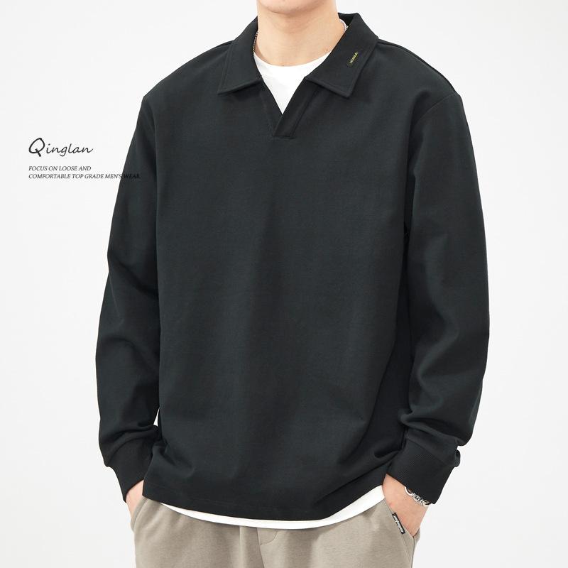 

80G Плотная весенне-осенняя черная рубашка поло с длинными рукавами, мужская свободная лацкан, мужской свитер с воротником поло 4XL чёрный