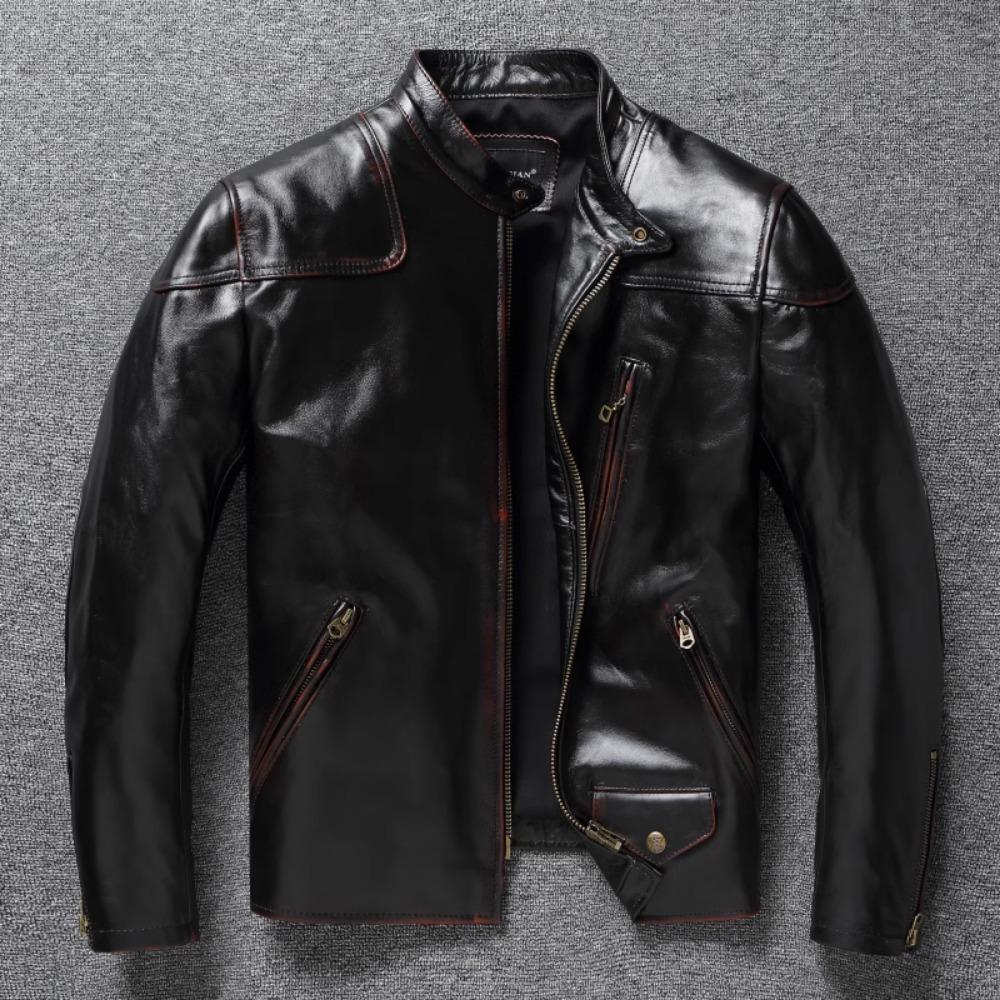 Chinese Size Style RL Top Layer Oil Waxed Cowhide Real Leather Jacket Men Stand Collar Brown Motorcycle Coat Men's Biker Jacket Spring Autumn