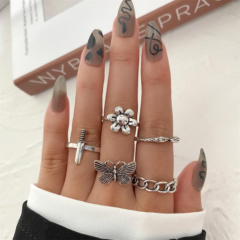 Vintage Distressed Butterfly Snake-shaped Ring Set - Multi-jointed Open-ended Set Ring Set