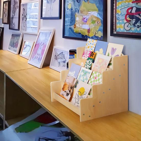 Greeting Card Display Stand High Stability Easy To Install Multipurpose 4-Tiered Wooden Organizer Rack Photos Brochure Holder