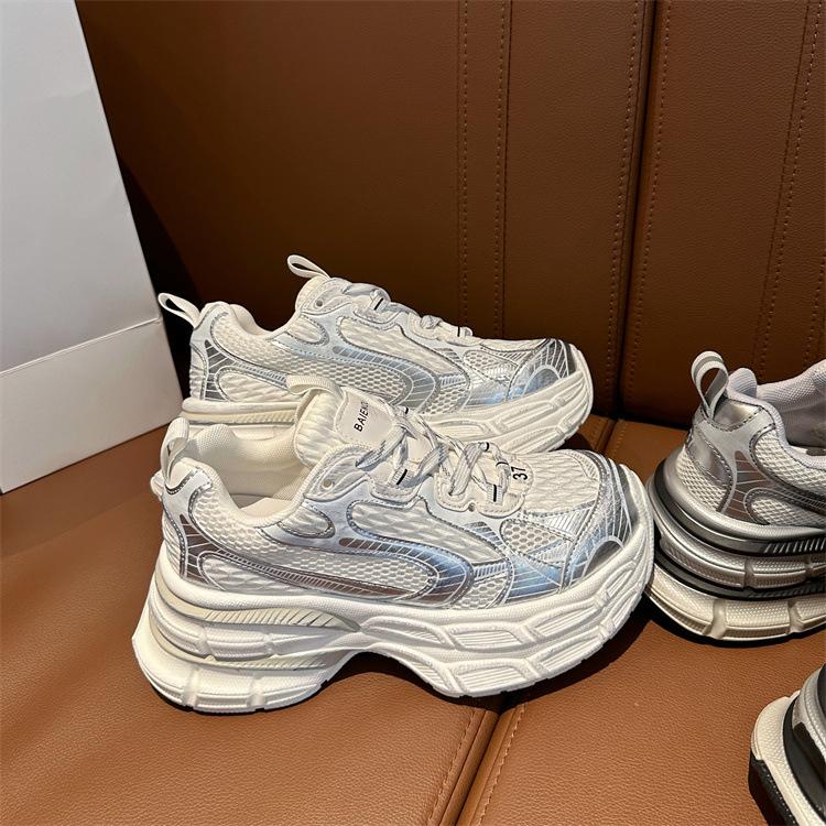 Buty sportowe letnie srebrne grube dno buty pops damskie buty zwiększające wzrost oddychająca siateczka cienkie modele wygodne klasyczne codzienne trampki