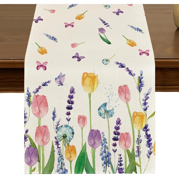 Spring Summer Lavender Tulip Table Runner 13x72 Inch Seasonal Floral Kitchen Dining Table Decor for Indoor Outdoor Farmhouse Home Anniversary Party