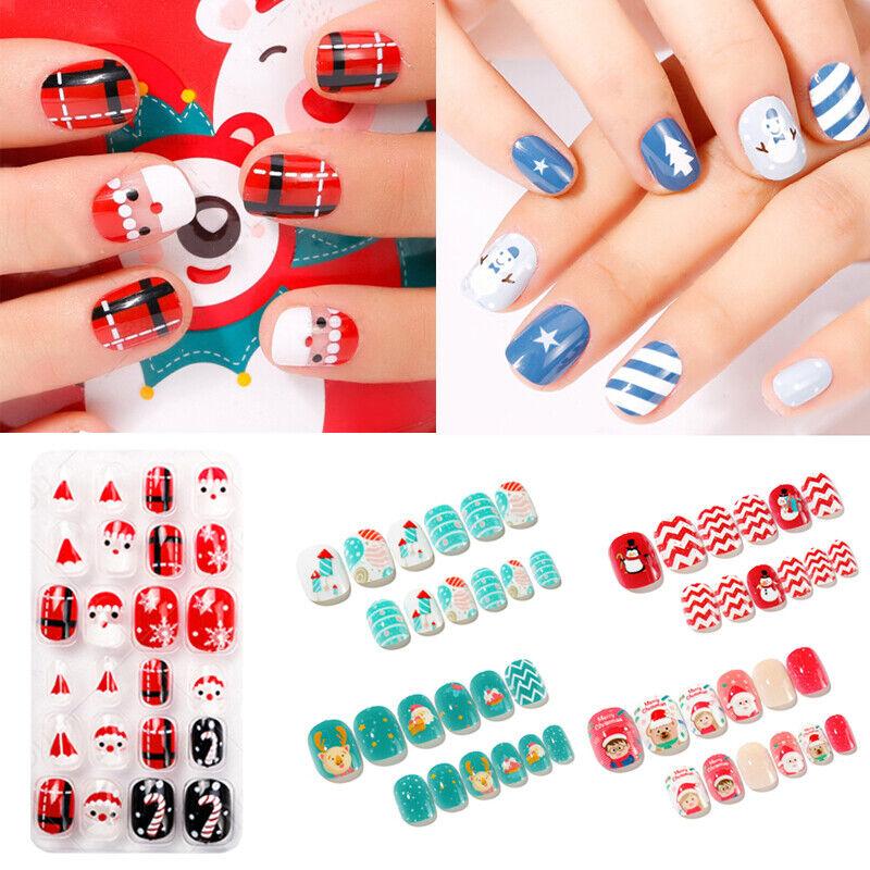 24PCS Kids Christmas Fake Nails Press On Full Cover Stick On False Nail Tips *