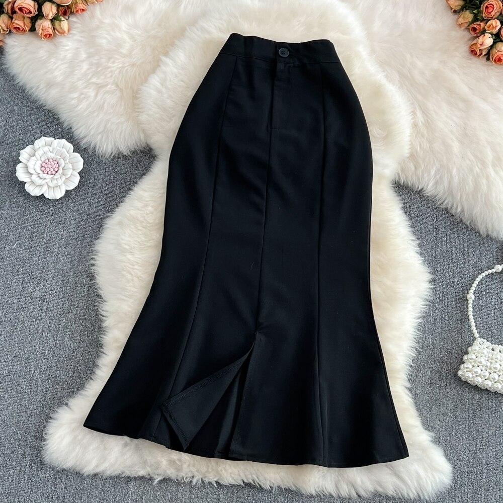 

High Waist Thin Medium And Long Split Hip Wrap Skirt Women s Summer Solid Color Versatile Slim Denim Fishtail Skirt XL чёрный