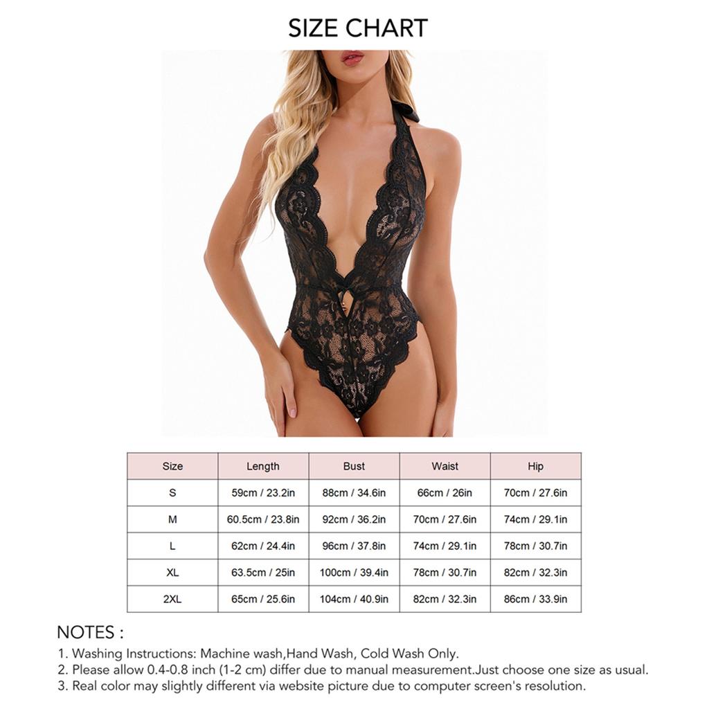 Lace Bodysuit Halter Neck Backless Pure Color Sleeveless Slim One Piece Lace Bodysuit for Women Lady Black S
