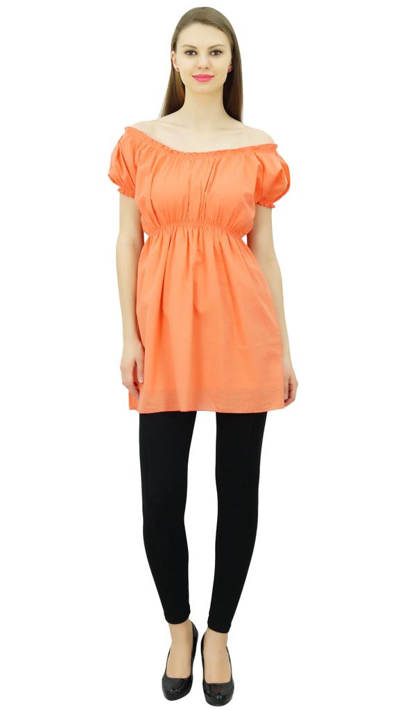 Bimba Women's Off shoulder Puff Sleeve Tops Elastic Waist Blouse Cotton
