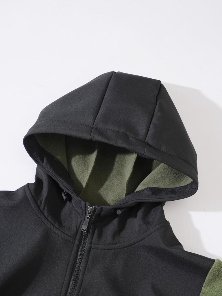 European Color Block Casual Letter Fleece Hooded Sweatshirt Jacket