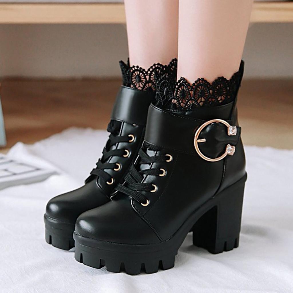 Women Mid Calf Boots And Winter Fashion Pointed Toe Square Heel Lace Up Women Leather Boot