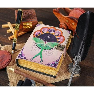 Spell Book of Shadows Vintage Leather Bound Journal Luna Moth Witch Antique Book