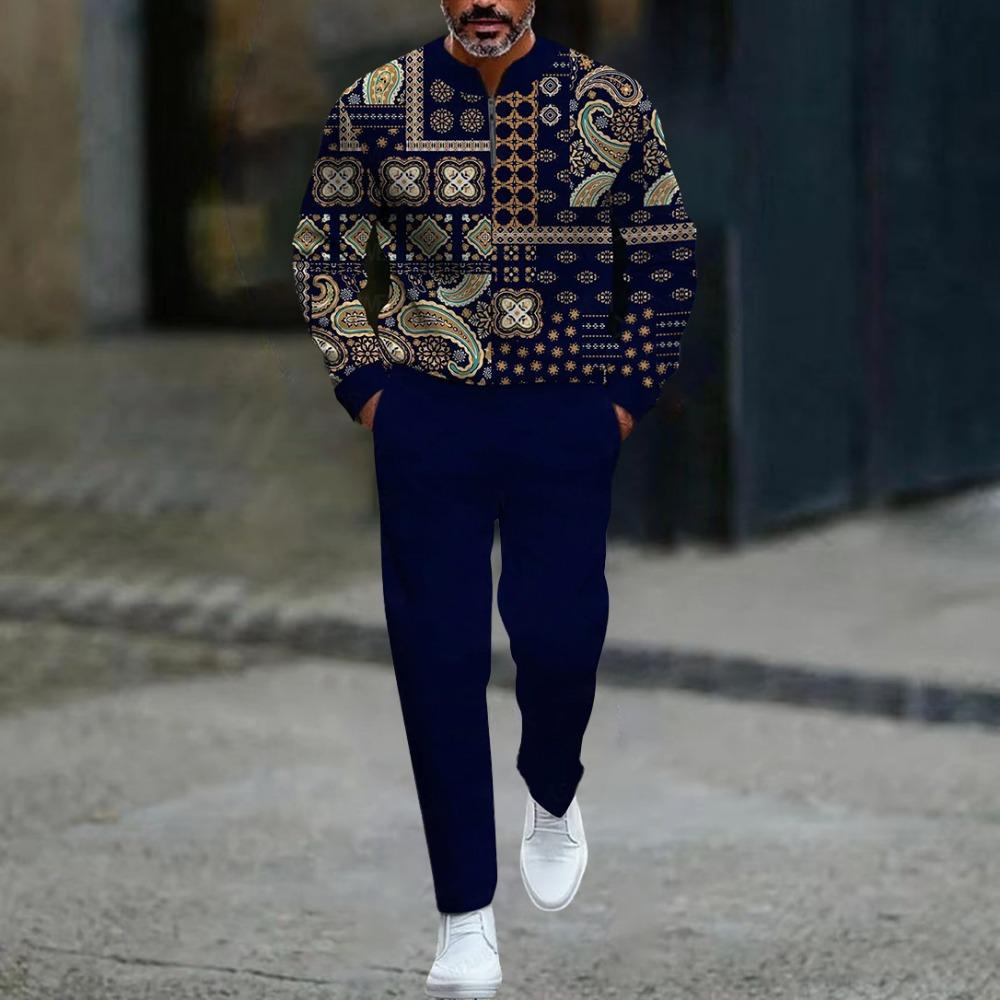 Spring Autumn 3D Printed Fashion Men's Long-Sleeved Sets Half-Zipper Stand-Up Collar Men's Casual Sportswear Two-Piece set