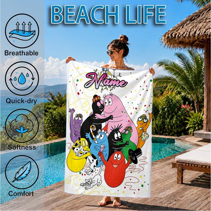 Custom Name Colorful Cartoon Barba-papa Heart In Space Adventure Microfiber Beach Towel, Lightweight for Summer Travel, Swimming Pool Fan Gift