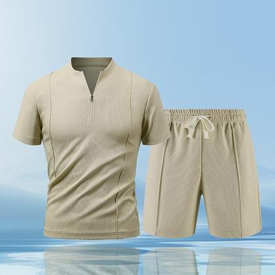 Men Waffle Tracksuit Joggers Sportwear Summer T Shirts Shorts 2 Piece Fitness Set