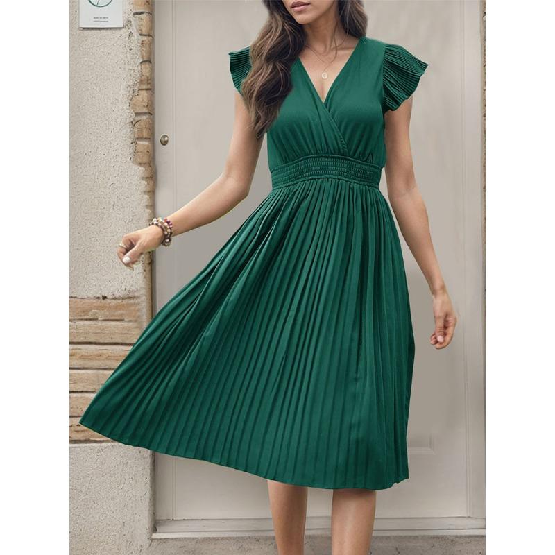 Women's Summer Pleated Skirt Elegant Short-sleeved Solid Color Dress