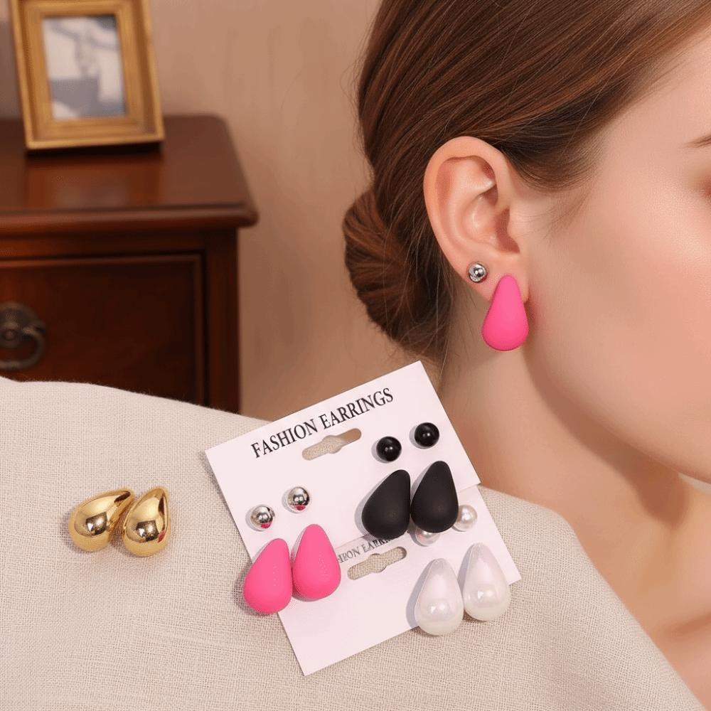 6pairs Chunky Water-drop Drop Earrings Glossy Luxury Chunky Waterdrop Earrings Matte Finish Bead Stud Earring