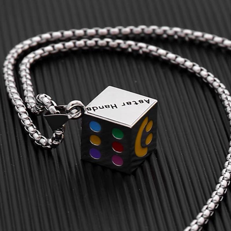 Lucky Smiling Face Multi-Sided Dice Men and Women Trendy Hip-Hop Couple Pendant Necklace Pendant 60CM(Necklace Long)