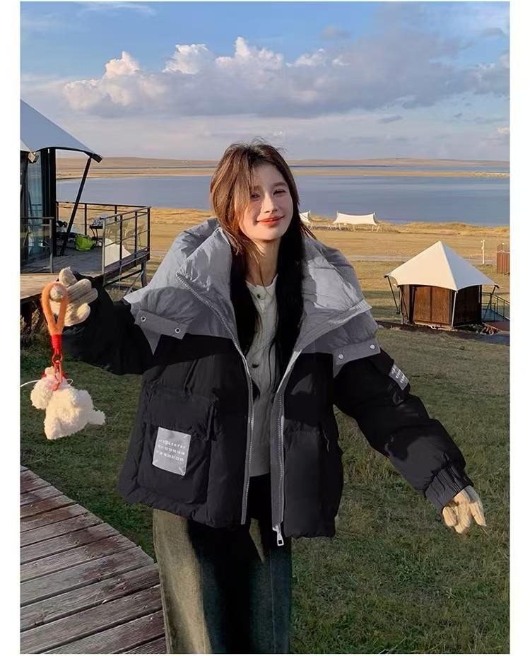 Splicing contrasting color puffs long short down jackets women's winter new lazy white duck down bread clothes