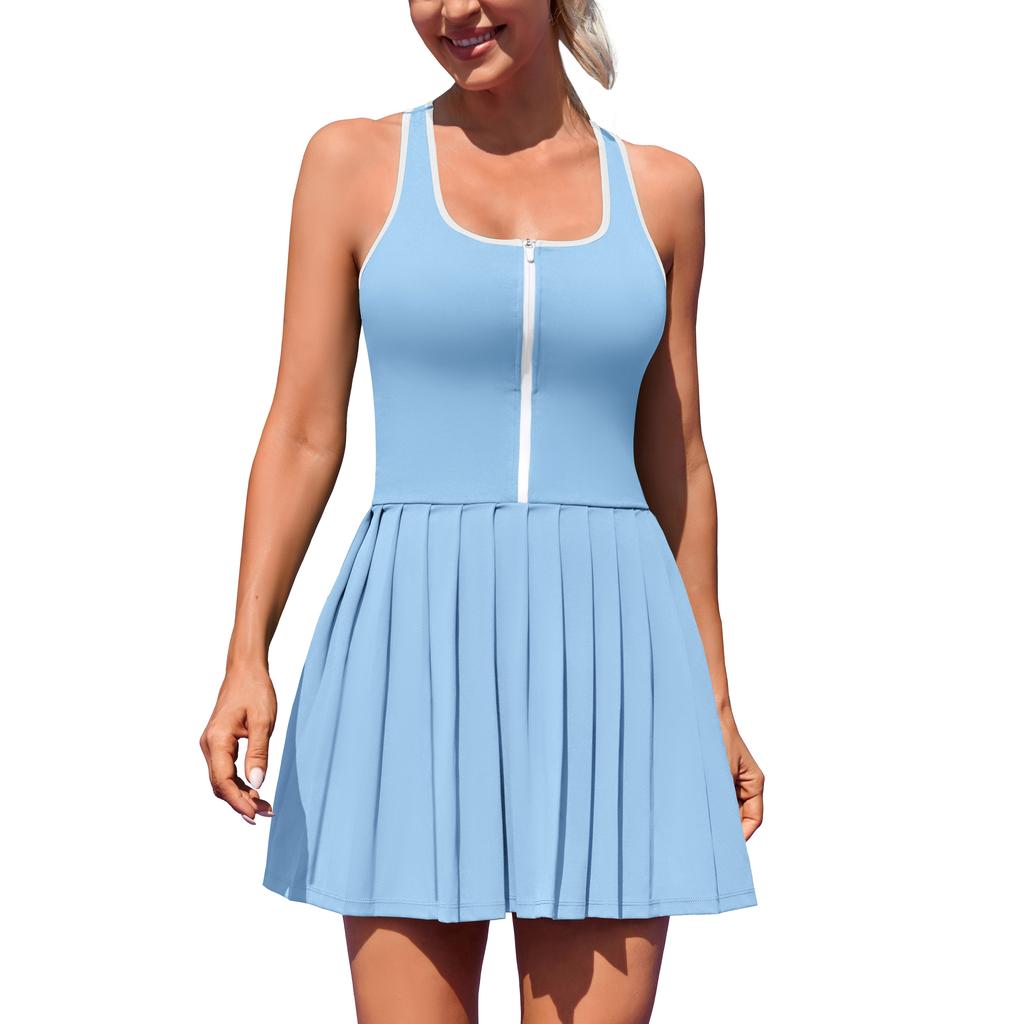 Charmleaks Damen Tennis Kleid mit integriertem BH und Shorts Reißverschluss vorne Plissiertes Sportkleid Nahtloses Golfkleid