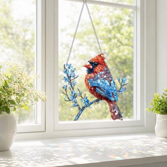 Red Bird Sun Catcher, 2D Acrylic Bird Hanging Decoration, Stained Glass Style Bluebird Suncatcher for Indoor Window Front Porch Decor