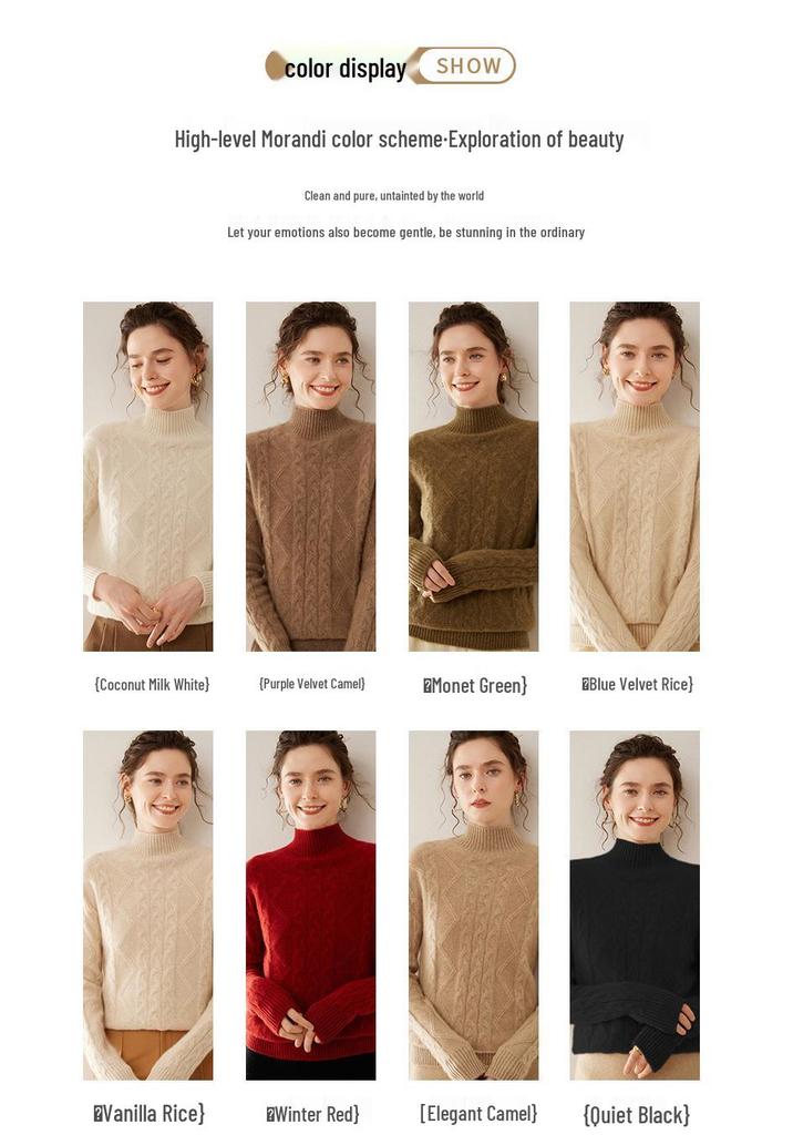 2025 Autumn-Winter Women's Retro Cashmere Cable Knit Sweater, Half-High Collar, Loose Slim Fit
