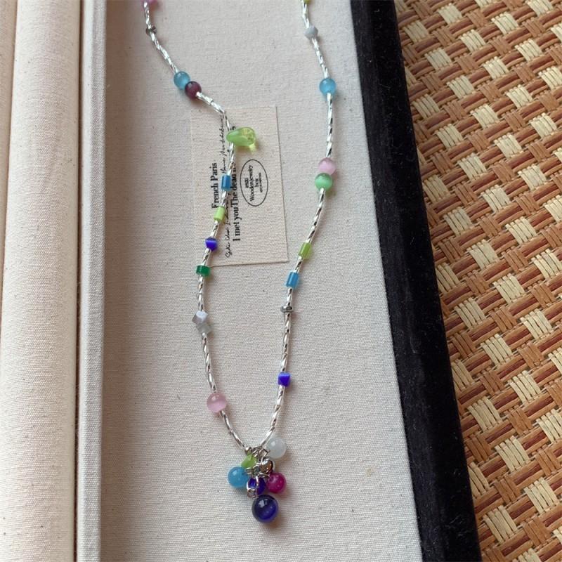 Handmade Korean Style Colorblock Cat Eye Bead Necklace Women Layered Sweet Minimalist Choker Chain