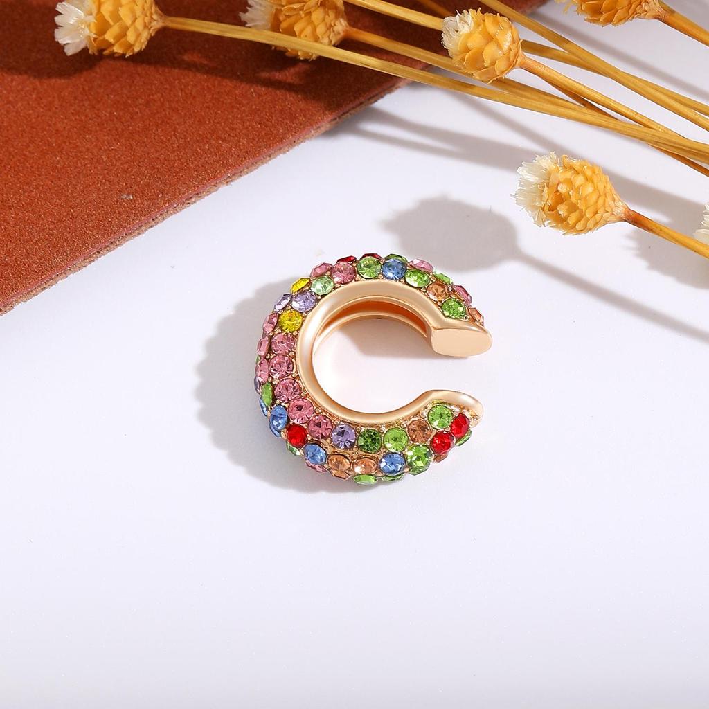 Retro Fashion C-Shaped Bling Ear Clips with Colored Diamonds - Trendy No-Pierce Earrings