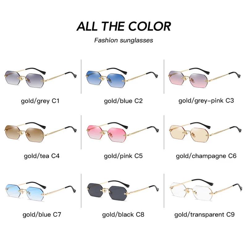Rimless Rectangle Sunglasses UV400 Gold Metal Frame Small Men Women Blue Shades