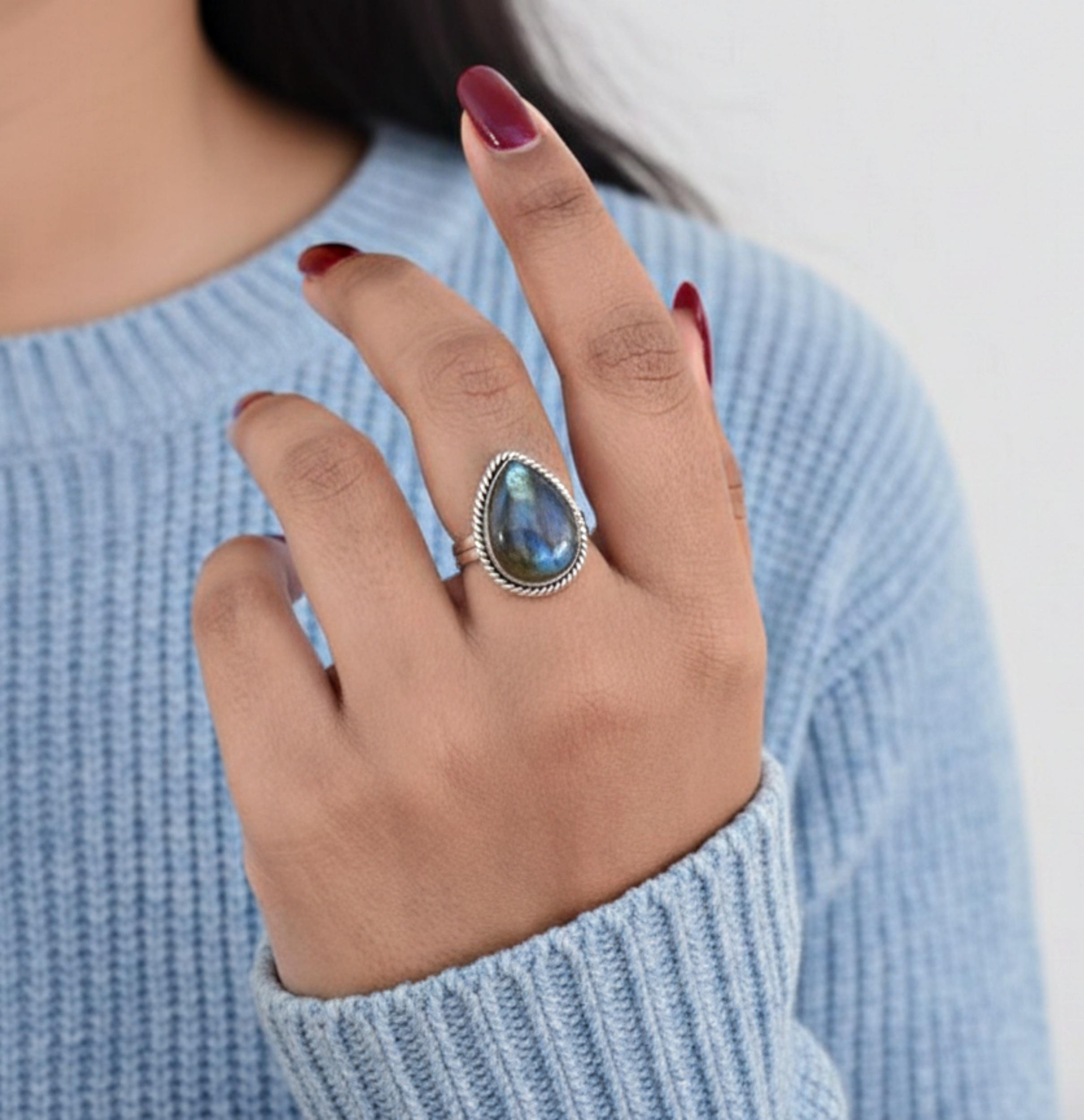 Кольцо-заявление Груша из голубого лабрадорита, серебро 925 пробы, минималистичное крупное коктейльное кольцо для женщин 4 серебряный