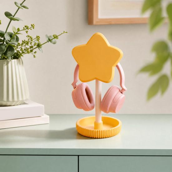 Cute Star Headphone Stand with Storage Tray, 3D Printed PLA Headset Hanger & Desk Organizer, Macaron Color Gaming Office Decor, Multi-Functional