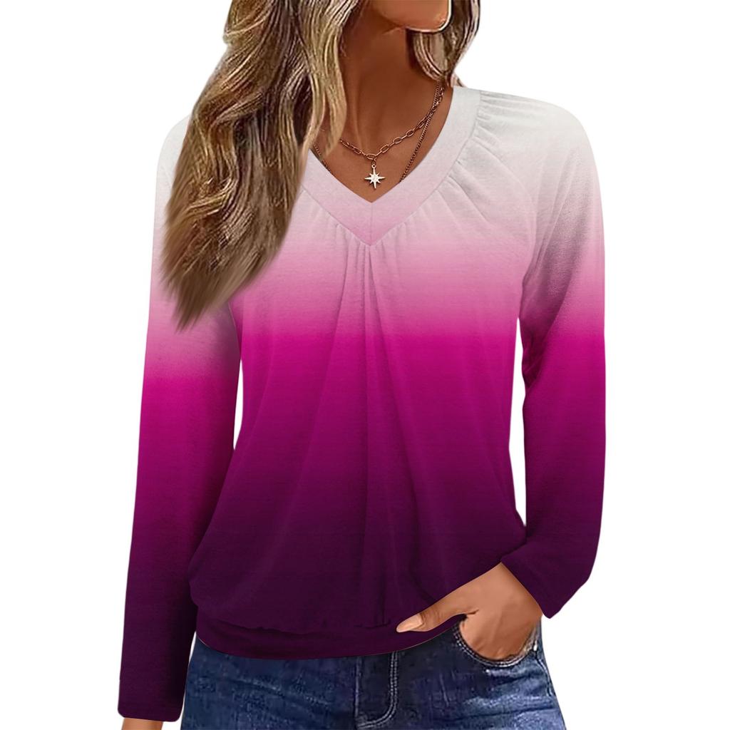 Women's Casual Fashion V-Neck Raglan Pleated Color Long Sleeve Top