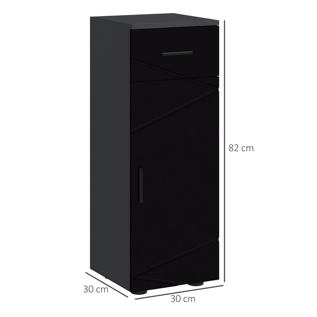 Bathroom Cabinet in Chipboard with Drawer and 2-Level Adjustable Cupboard, 30x30x82 cm, Black and Grey