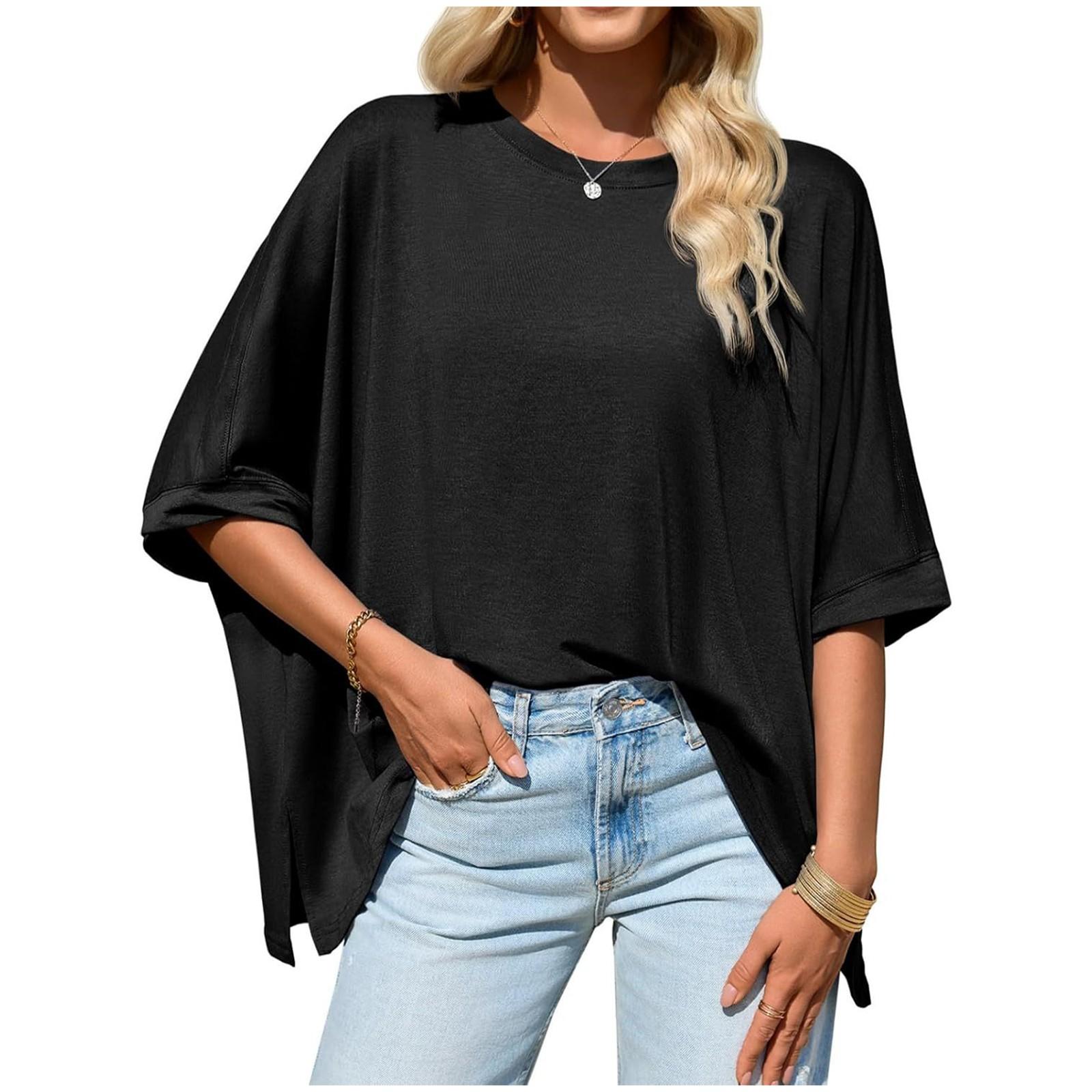 

Women s Fashion Color Round Neck Loose Short Sleeved Shirt With Slit Hem And Pullover T-shirt Top S чёрный
