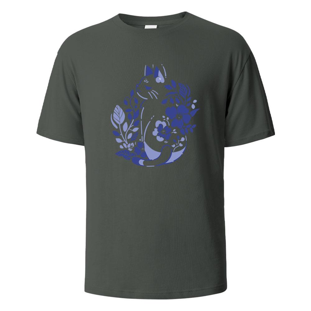 Mens Printed TShirt Blue And White Porcelain Cat Graphic 100Cotton Oneck Shortsleeved Tees For Men Women Summer Fashion Tops
