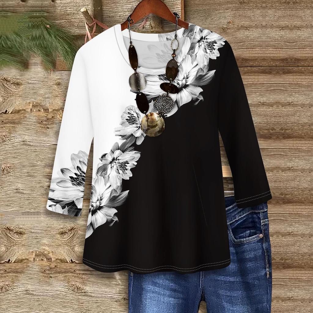 3/4 Sleeve Shirts For Women Cute Print Graphic Tees Blouses Casual Plus Size Basic Tops Pullover
