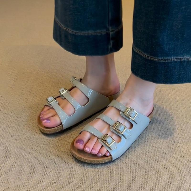 Sheepskin~ Soft-soled slippers women's summer retro belt buckle leather thick-soled women's versatile outer wear cool slippers