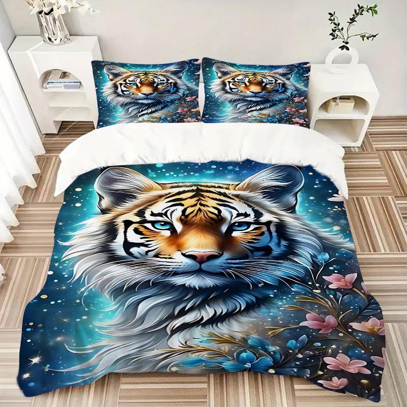 3pcs Tiger Fantasy Flowers Duvet Cover Set, Soft Comfortable Duvet Cover,Guest Room (1*Duvet Cover + 2*Pillowcase, Without Core) Yy251104130