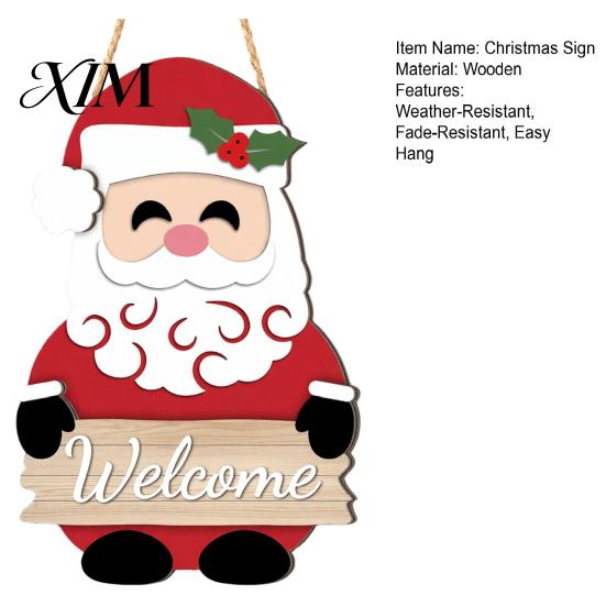 Indoor Outdoor Xmas Decoration Christmas 2D Wooden Welcome Hanging Sign, Cartoon Santa Snowman Tree Party Wall Art Door Hanger with Rope, Porch Front