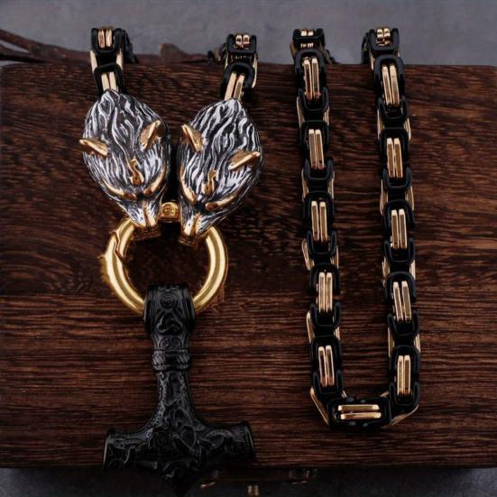 Men Necklace Retro Nordic Viking Style Hammer Wolf Head Pendant Amulet Thick