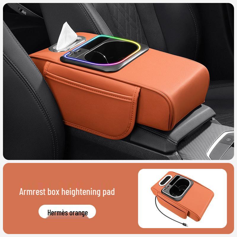 Multifunctional Car Armrest Riser with Dual Fast Charging, Rhythm Light, Cup Holder, and Tissue Box