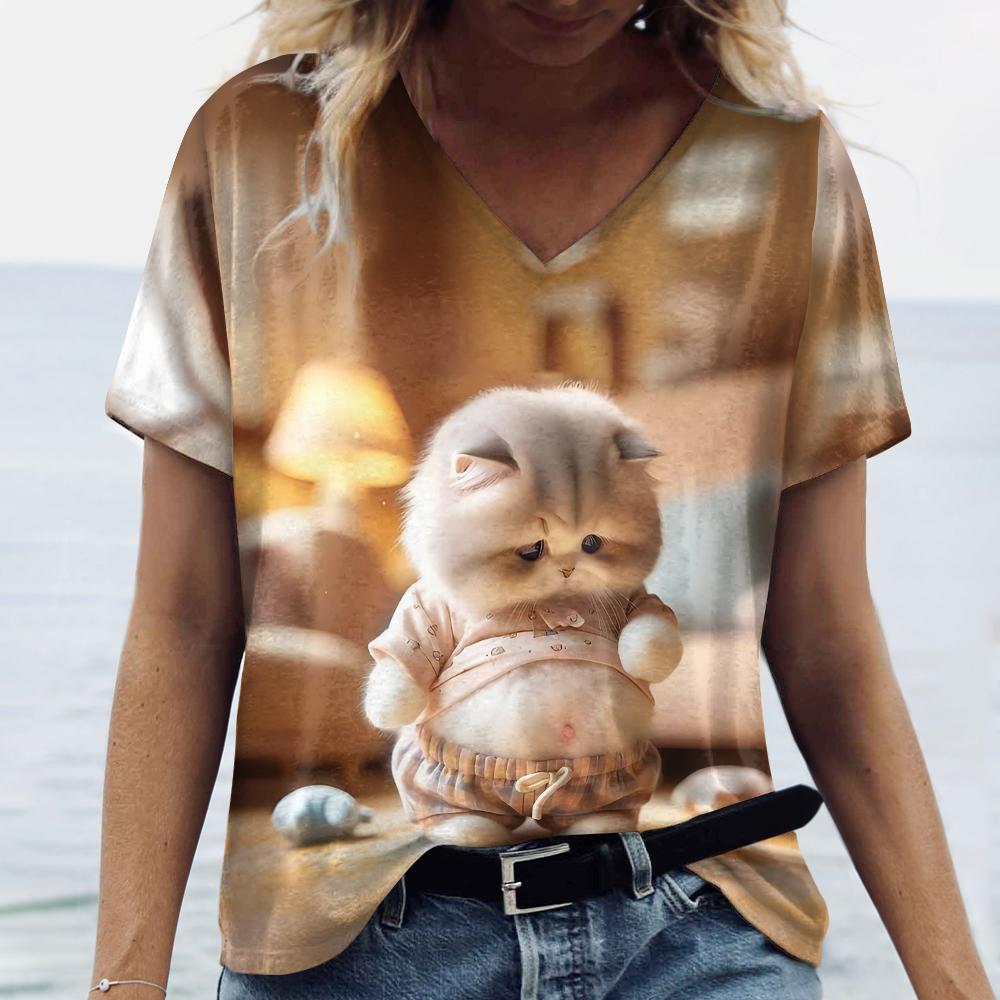 

Жіночі футболки з принтом із зображенням котів із милим пузиком Повсякденні короткі рукави з короткими рукавами Літні модні футболки Вільний жіночий верхній одяг 6XL